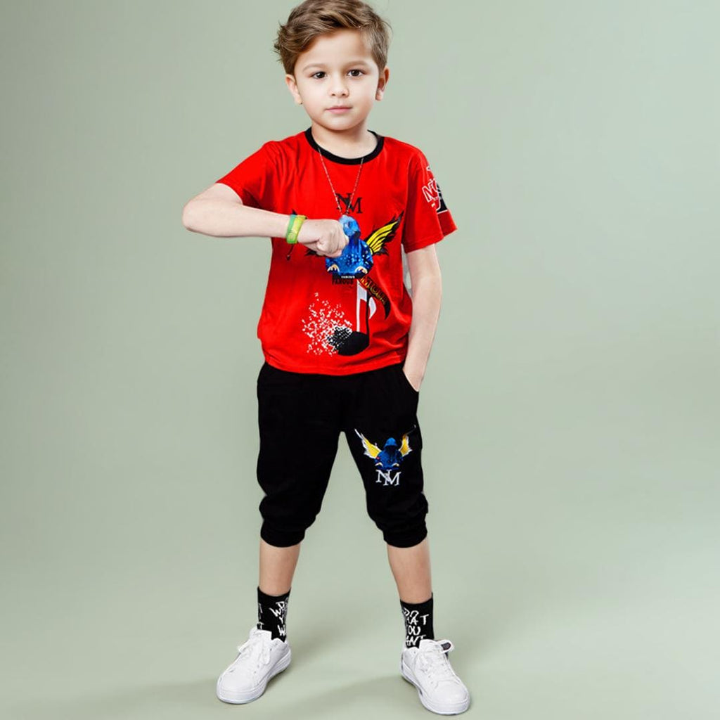 Boys Graphic T-Shirt With 3/4 Length Pants Sets Red 3-4 Y 