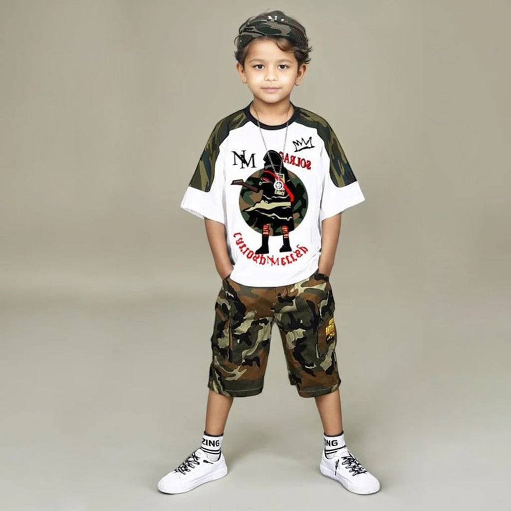 Boys Camouflage Print T-Shirt With Cargo Pocket Shorts Sets White 3-4 Y 