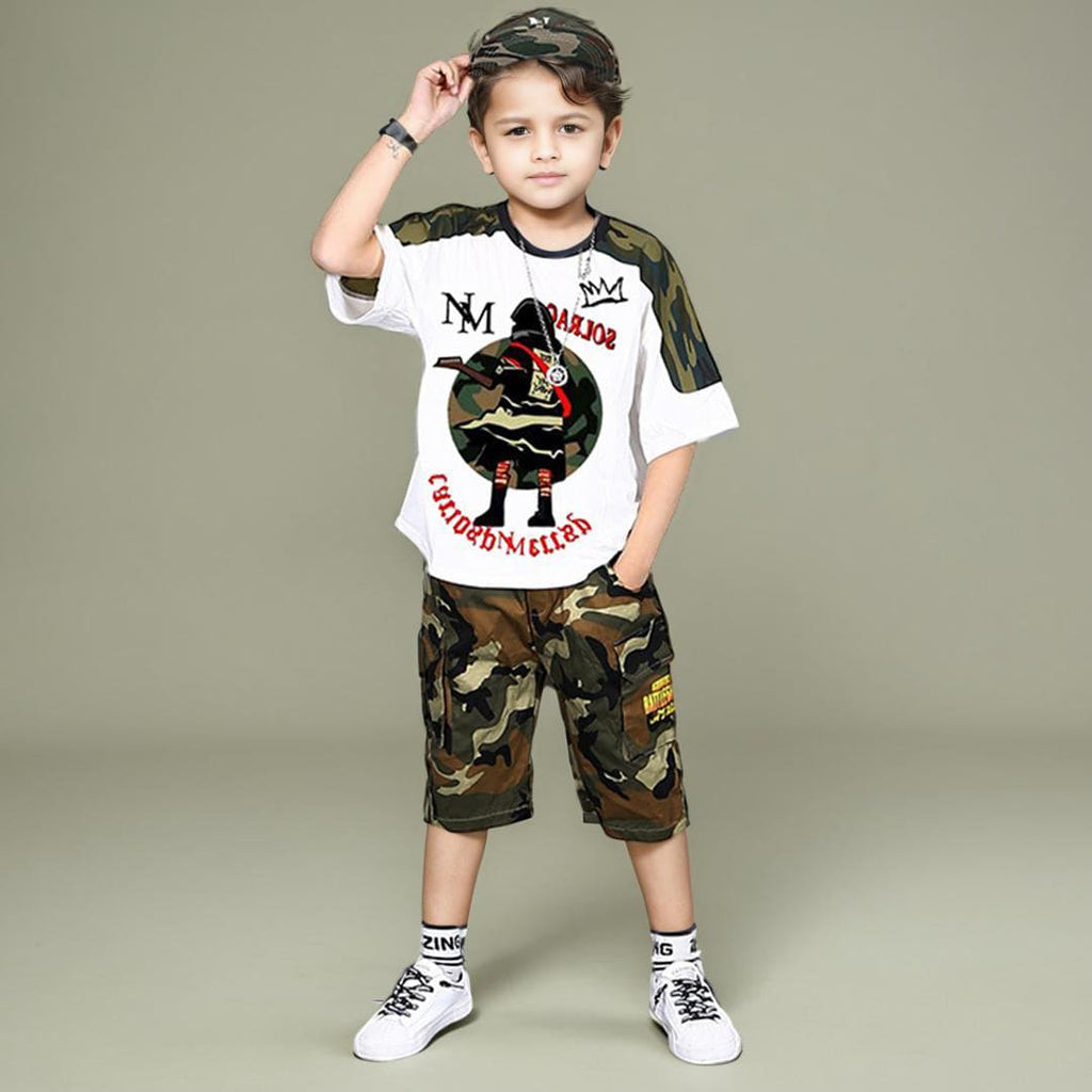 Boys Camouflage Print T-Shirt With Cargo Pocket Shorts