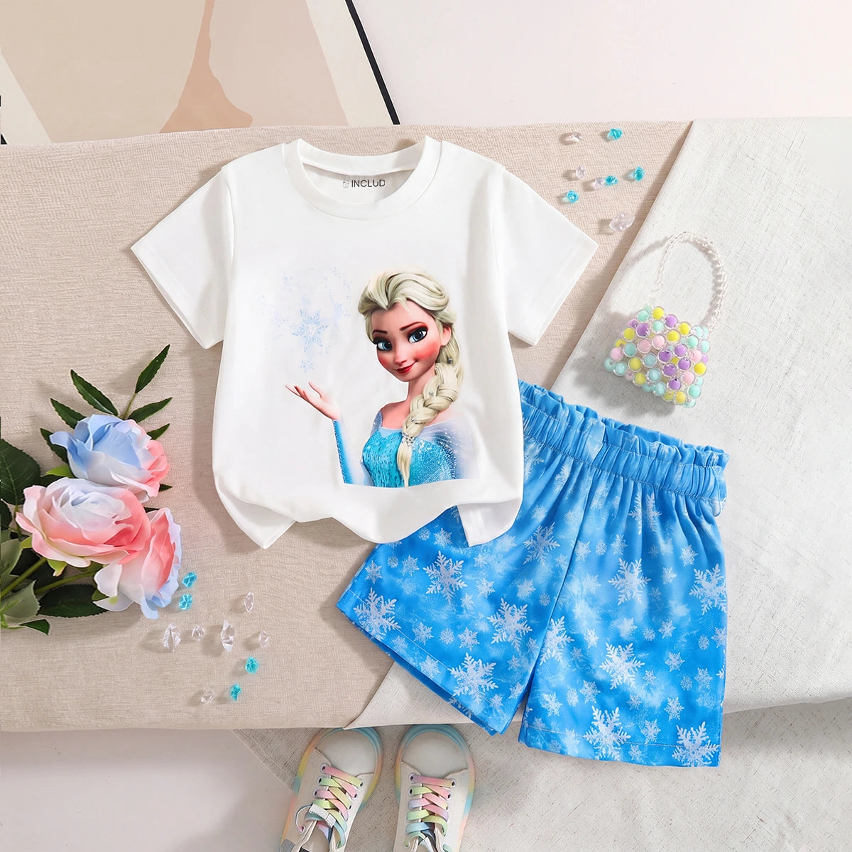 Girls White Cartoon Characters Printed T-Shirt With Shorts Sets 2 pc. Sets White 3-4 Y