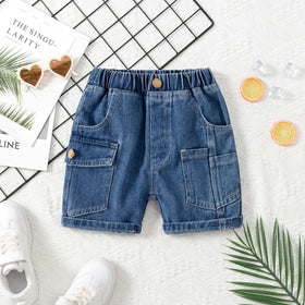 Boys Blue Solid Denim Short With Elasticated Waistband Shorts Blue 1-2 Y