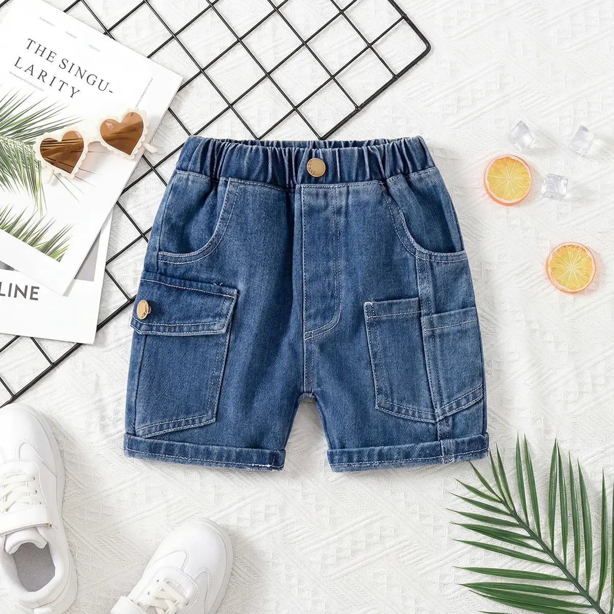 Boys Blue Solid Denim Short With Elasticated Waistband Shorts Blue 1-2 Y
