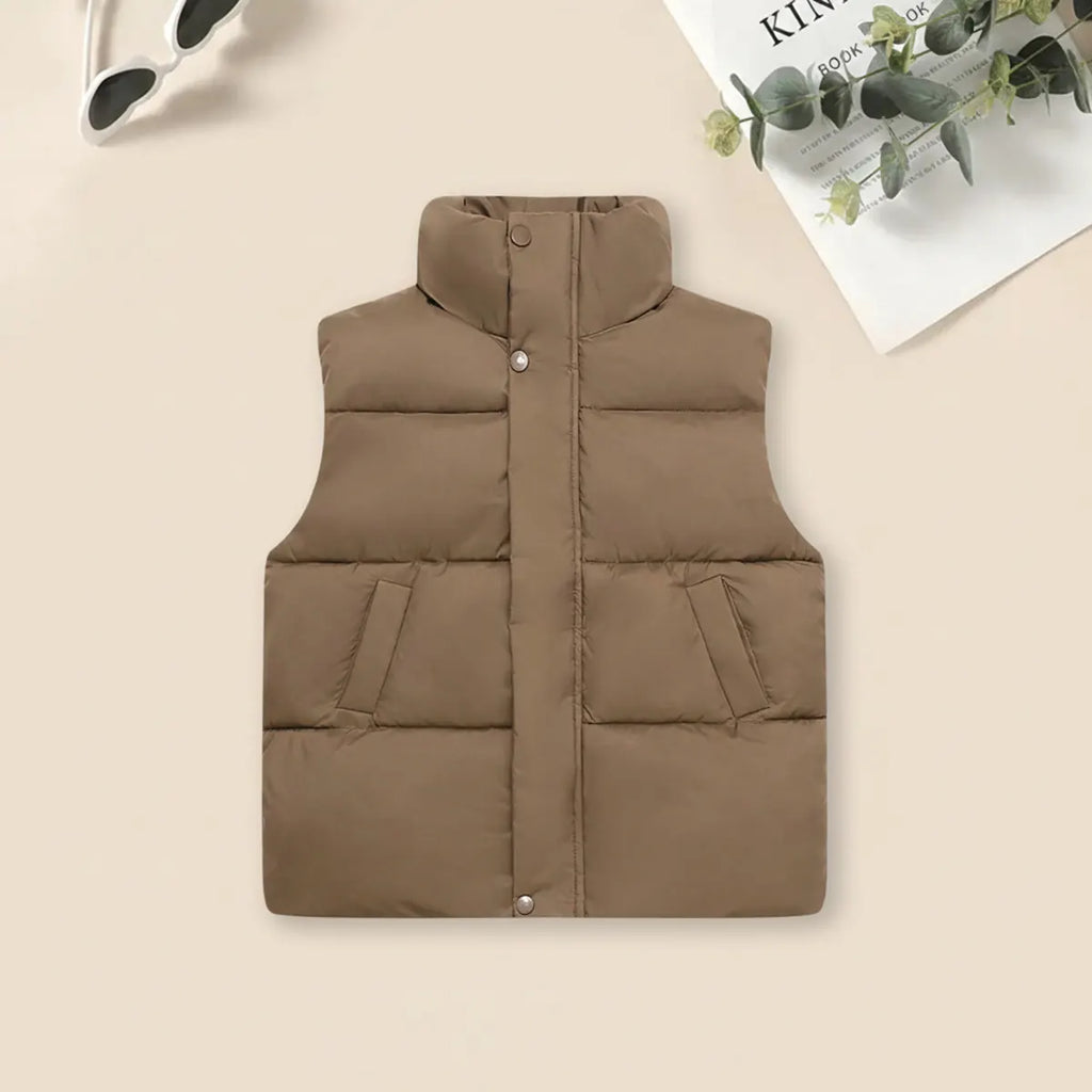 Boys Brown Quilted Puffer Vest With Stand-up Collar Coats & Jackets Brown 6-7 Y