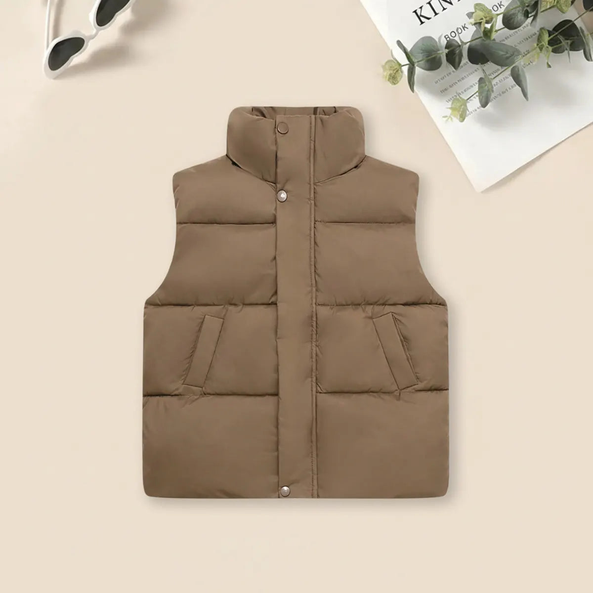 Boys Brown Quilted Puffer Vest With Stand-up Collar Coats & Jackets Brown 6-7 Y