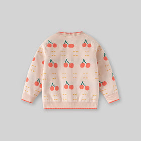 Girls Apricot Cardigan With Self-Design Cherry Patterns Sweaters & Cardigans