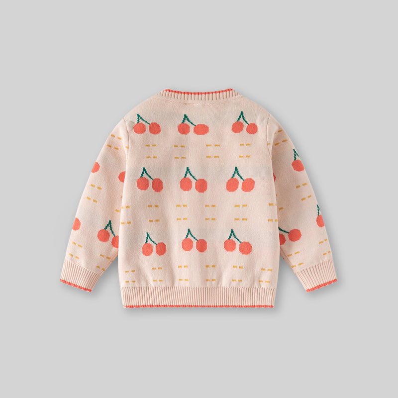 Girls Apricot Cardigan With Self-Design Cherry Patterns Sweaters & Cardigans