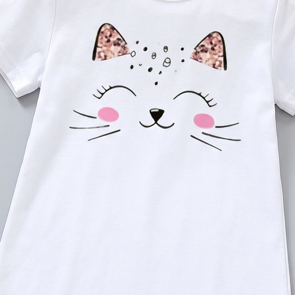 Girls White Cat Print Short Sleeve T-shirt Dress Casual Dresses