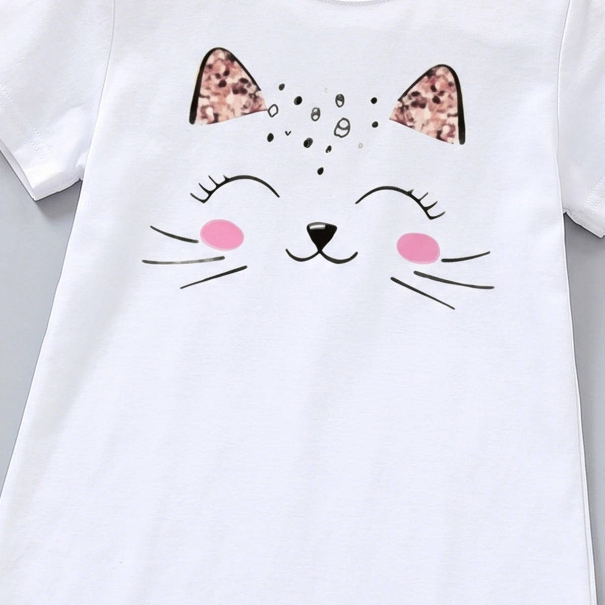 Girls White Cat Print Short Sleeve T-shirt Dress Casual Dresses
