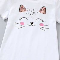 Girls White Cat Print Short Sleeve T-shirt Dress Casual Dresses
