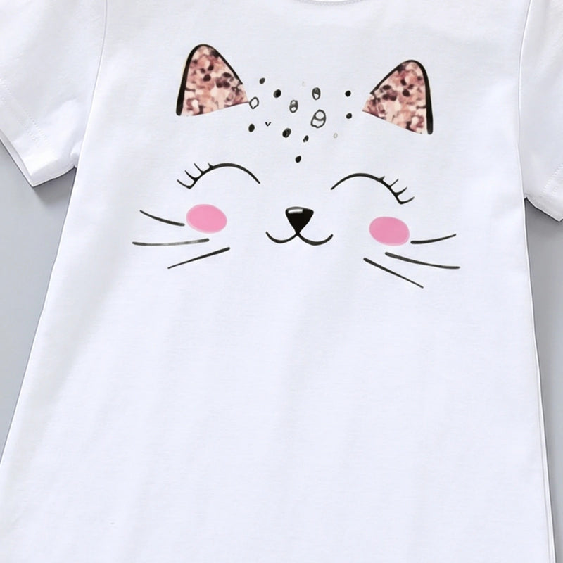 Girls White Cat Print Short Sleeve T-shirt Dress Casual Dresses