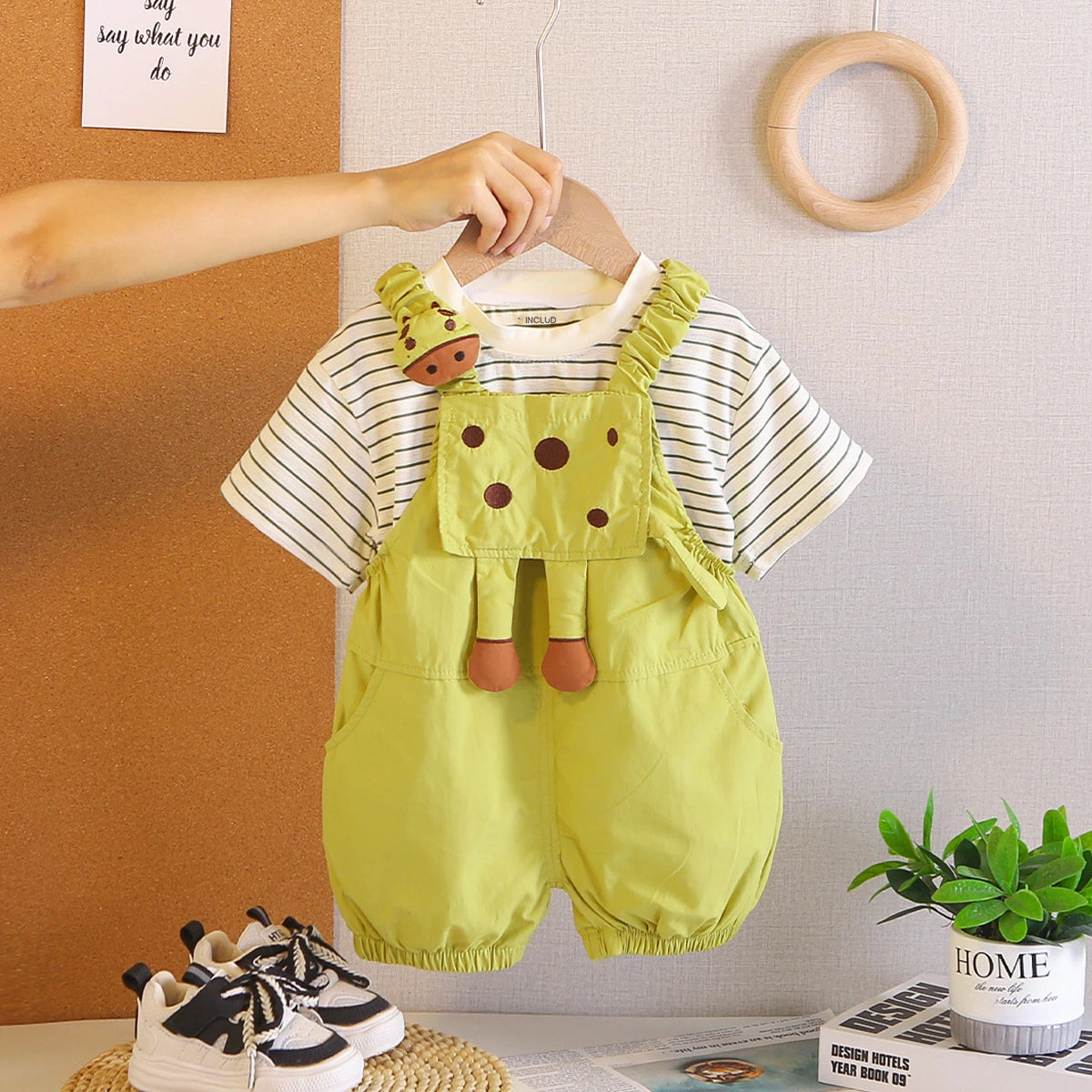Boys Short Sleeve T-Shirt With Lime Green Animal Applique Dungaree Sets 2 pc. Sets Lime Green 1-2 Y