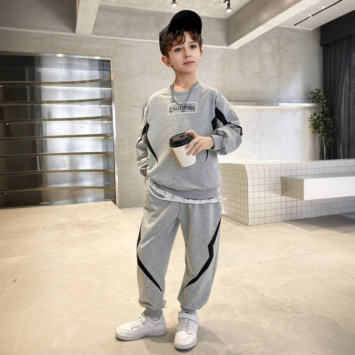 Boys Grey Typographic Printed Winter Sweatshirt With Jogger Set 2 pc. Sets