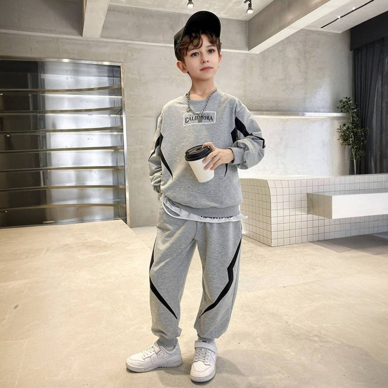 Boys Grey Typographic Printed Winter Sweatshirt With Jogger Set 2 pc. Sets
