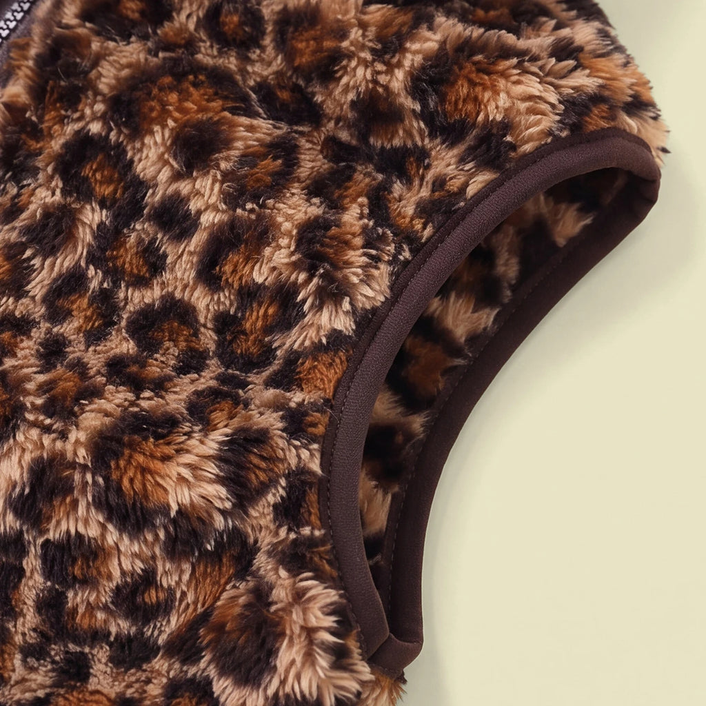 Girls Brown Fleece Leopard Print Sleeveless Jacket Coats & Jackets