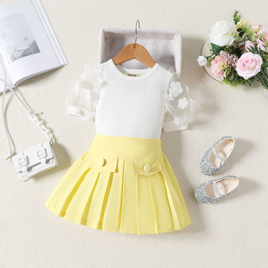 Girls Yellow Puff Sleeves Top With Pleated Skirt Set INCLUD