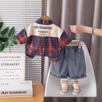Boys Red Checked Shirt With Printed T-Shirt & Denim Shorts Set Sets