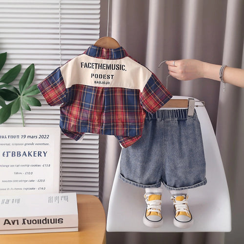 Boys Red Checked Shirt With Printed T-Shirt & Denim Shorts Set Sets