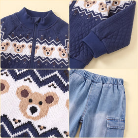 Boys Navy Blue Jacquard Sweatshirt With Denim Pants Sets 2 pc. Sets