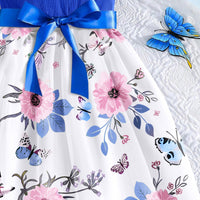 Girls Blue Floral Printed Flutter Sleeves Fit And Flared Dress Casual Dresses