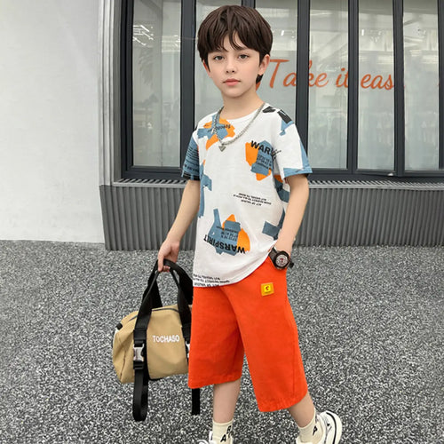Boys White Graphics Short Sleeves T-Shirt With Shorts Sets Sets White 5-6 Y