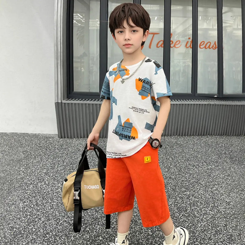 Boys White Graphics Short Sleeves T-Shirt With Shorts Sets Sets White 5-6 Y