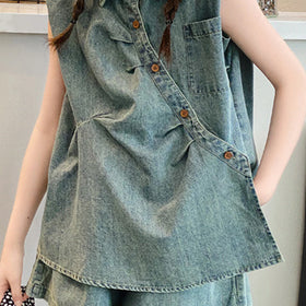 Girls Blue Sleeveless Denim Shirt With Shorts Sets 2 pc. Sets