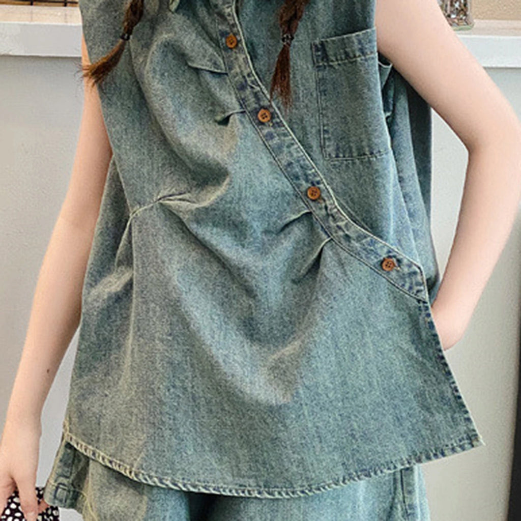 Girls Blue Sleeveless Denim Shirt With Shorts Sets 2 pc. Sets