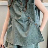 Girls Blue Sleeveless Denim Shirt With Shorts Sets 2 pc. Sets