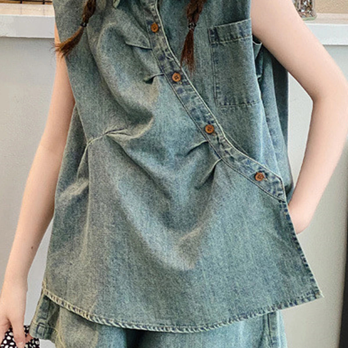 Girls Blue Sleeveless Denim Shirt With Shorts Sets 2 pc. Sets