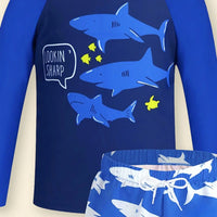 Boys Blue Fish Printed Long Sleeves T-Shirt & Shorts Swimsuit Sets Sets