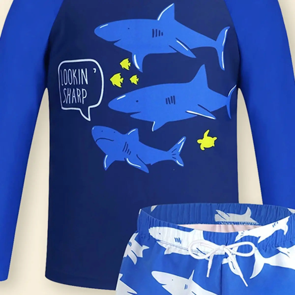 Boys Blue Fish Printed Long Sleeves T-Shirt & Shorts Swimsuit Sets Sets