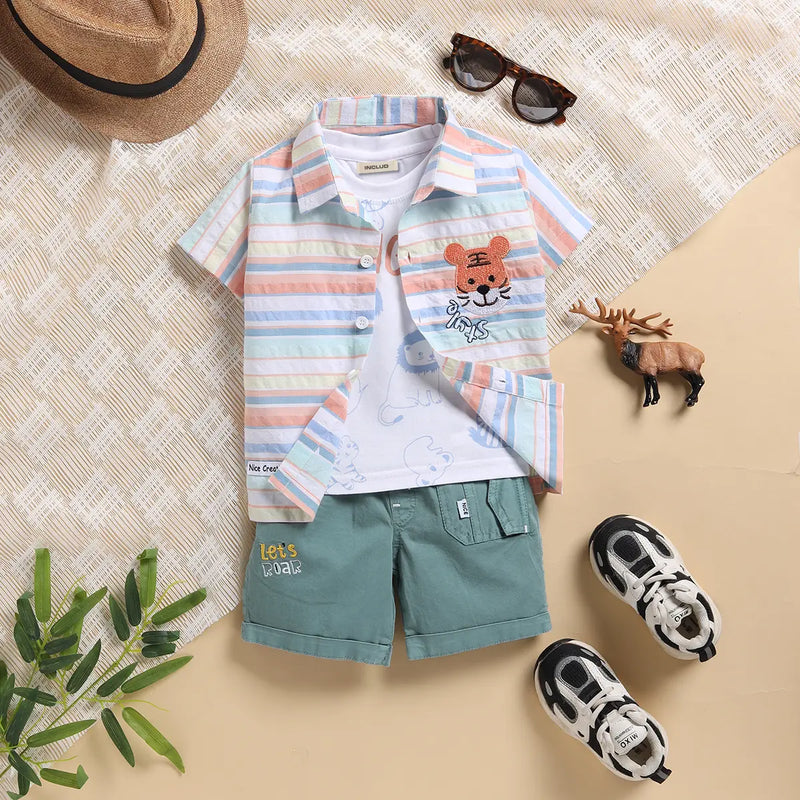 Boys Green Stripes Lion Embroidery Shirt With Twill Shorts Sets 2 pc. Sets Green 0-3 M