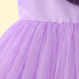 Girls purple sleeveless party gown with floral applique and tulle