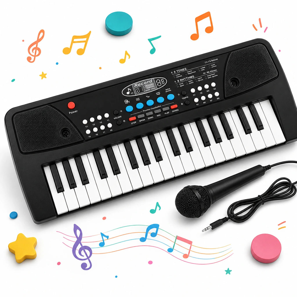 Young boy playing a black 37-key electronic piano keyboard with an attached microphone