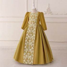 Girls Yellow Embroidered Maxi Dress With Puff Sleeves Casual Dresses