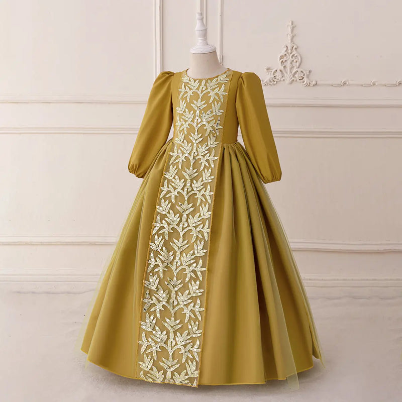 Girls Yellow Embroidered Maxi Dress With Puff Sleeves Casual Dresses