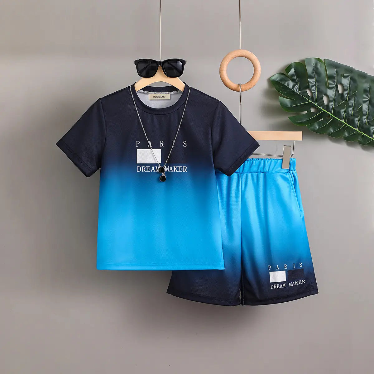Boys Blue Ombre Printed Short Sleeves T-Shirt With Shorts Co-ord Sets Sets Blue 7-8 Y
