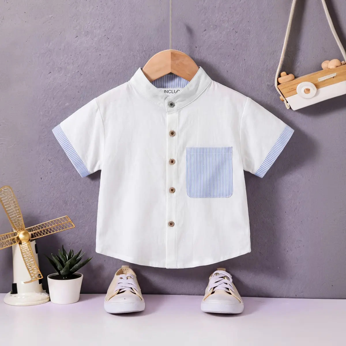 Boys White Solid Mandarin Collar Shirt With Striped Patch Pocket Shirts White 1-2 Y