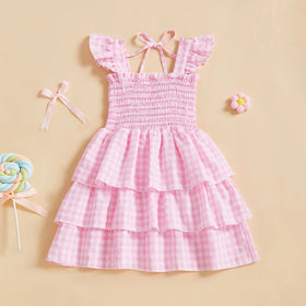 Girls Pink Checked Flutter Sleeve Smocked Tiered Dress Casual Dresses Pink 3-4 Y
