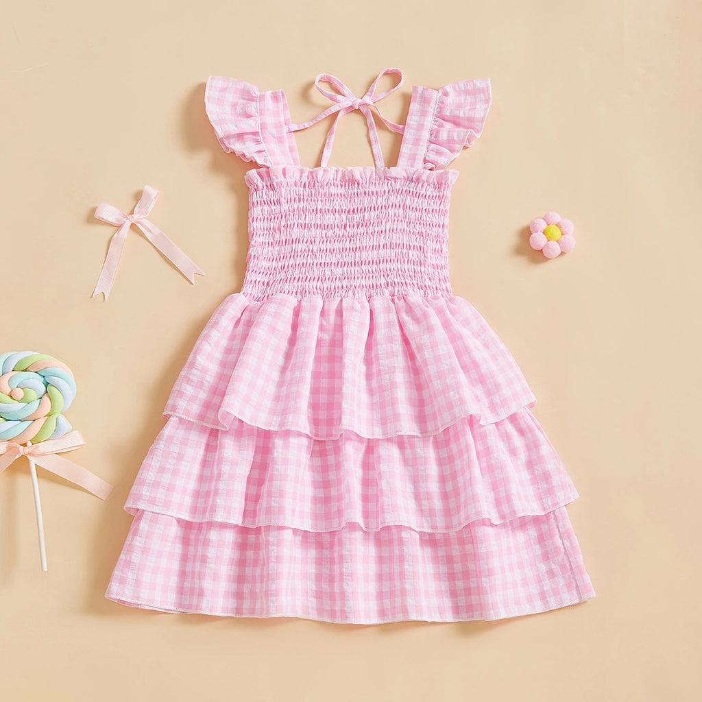 Girls Pink Checked Flutter Sleeve Smocked Tiered Dress Casual Dresses Pink 3-4 Y