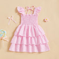 Girls Pink Checked Flutter Sleeve Smocked Tiered Dress Casual Dresses Pink 3-4 Y