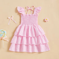 Girls Pink Checked Flutter Sleeve Smocked Tiered Dress Casual Dresses Pink 3-4 Y