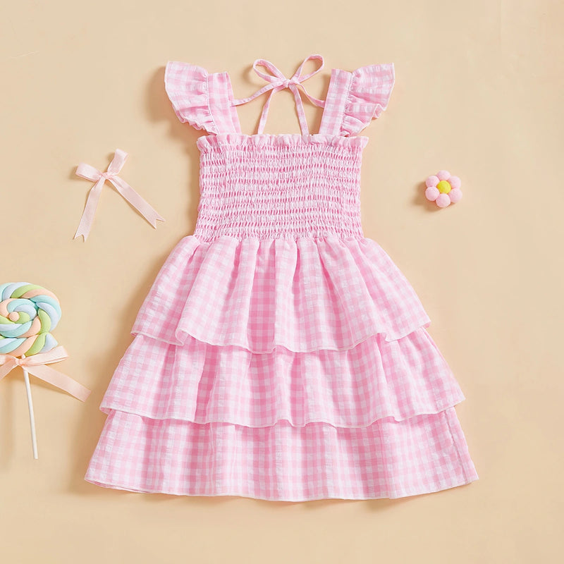 Girls Pink Checked Flutter Sleeve Smocked Tiered Dress Casual Dresses Pink 3-4 Y