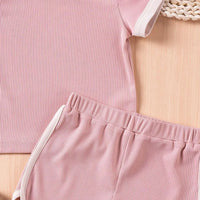 Girls Pink Ribbed Contrast Trims T-Shirt & Shorts Co-ord Sets Sets