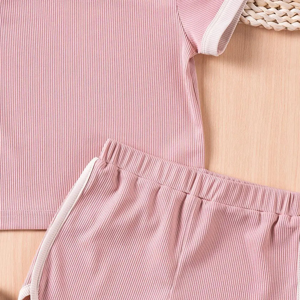Girls Pink Ribbed Contrast Trims T-Shirt & Shorts Co-ord Sets Sets
