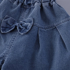 Girls Purple Cherry Embellished T-Shirt With Pleated Denim Shorts Set Sets