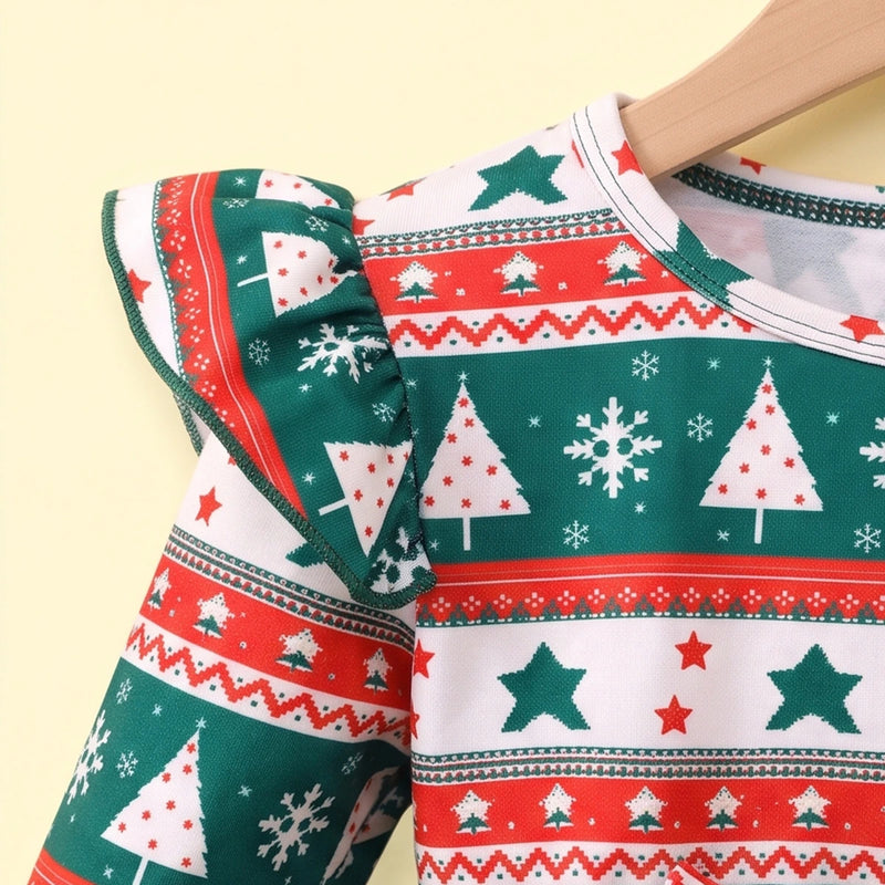 Girls Green Christmas Tree Printed Fit & Flare Dress Casual Dresses