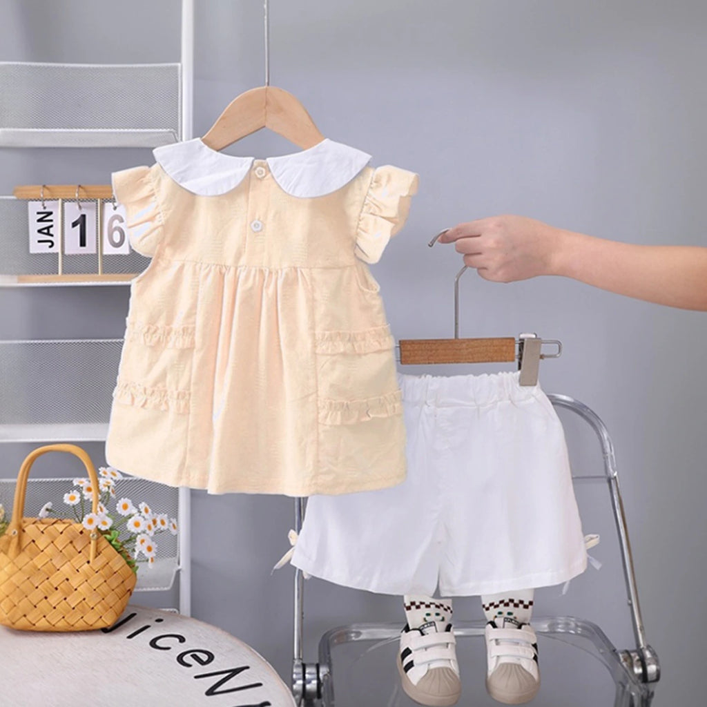 Girls Yellow Flower Applique Ruffle Top With Shorts Set Sets