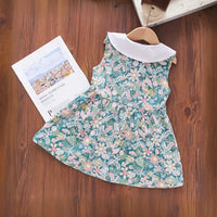 Girls Teal Floral Printed Peter Pan Collar A-line Dress Casual Dresses