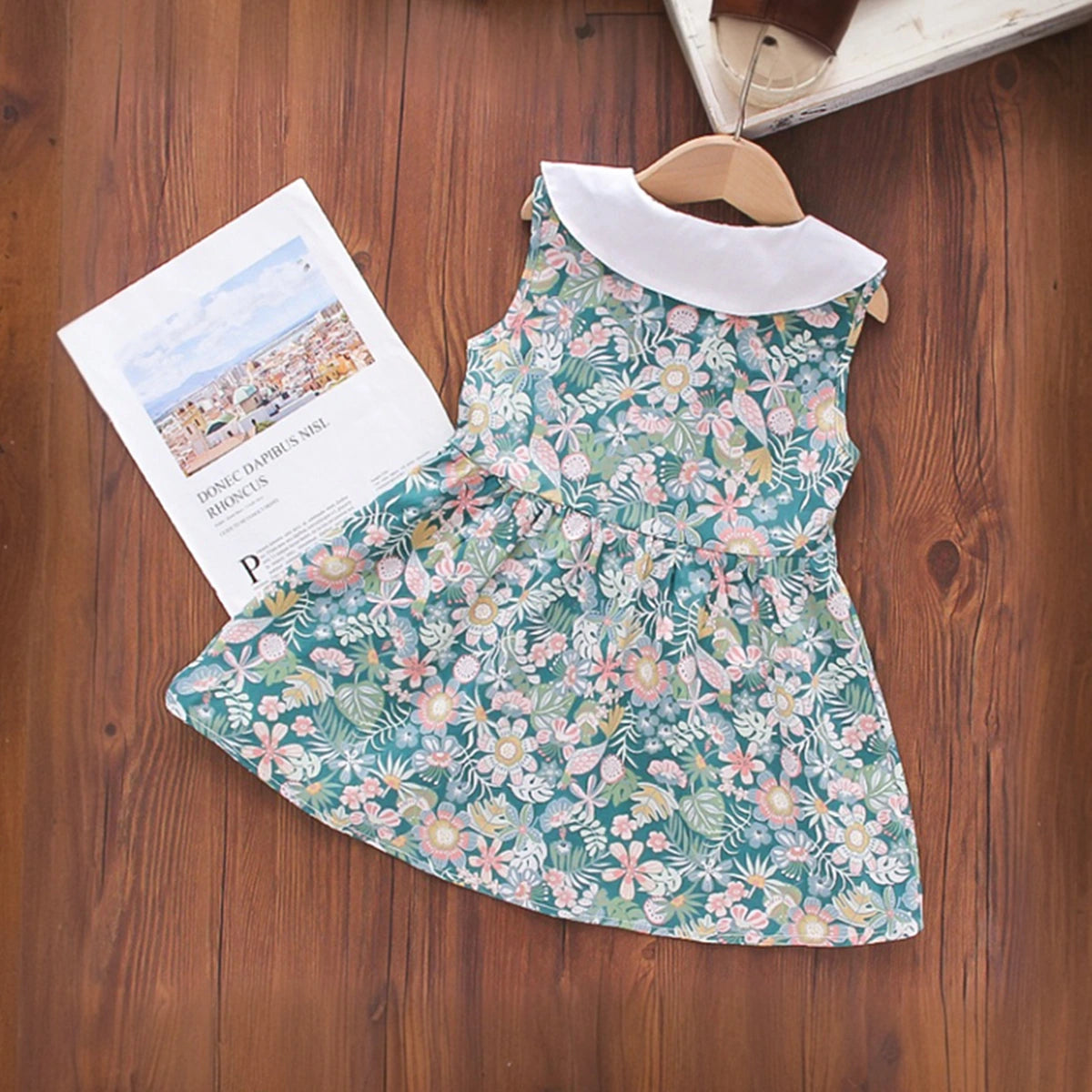 Girls Teal Floral Printed Peter Pan Collar A-line Dress Casual Dresses